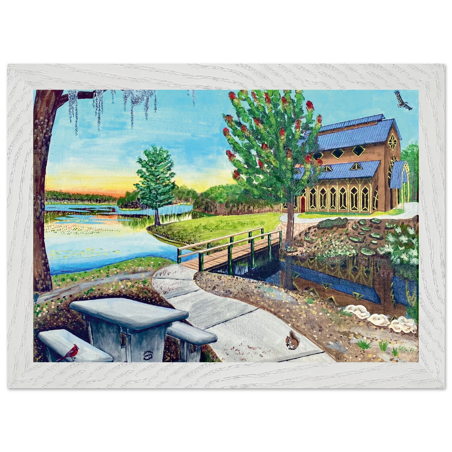 Inspiring Christian art acrylic on canvas painting Sanctuary at Lake Alice by Colette Raine Semi-Glossy Paper in Wood Frame Print 8.3×11.7" (21×29.7 cm A4 size) White Frame