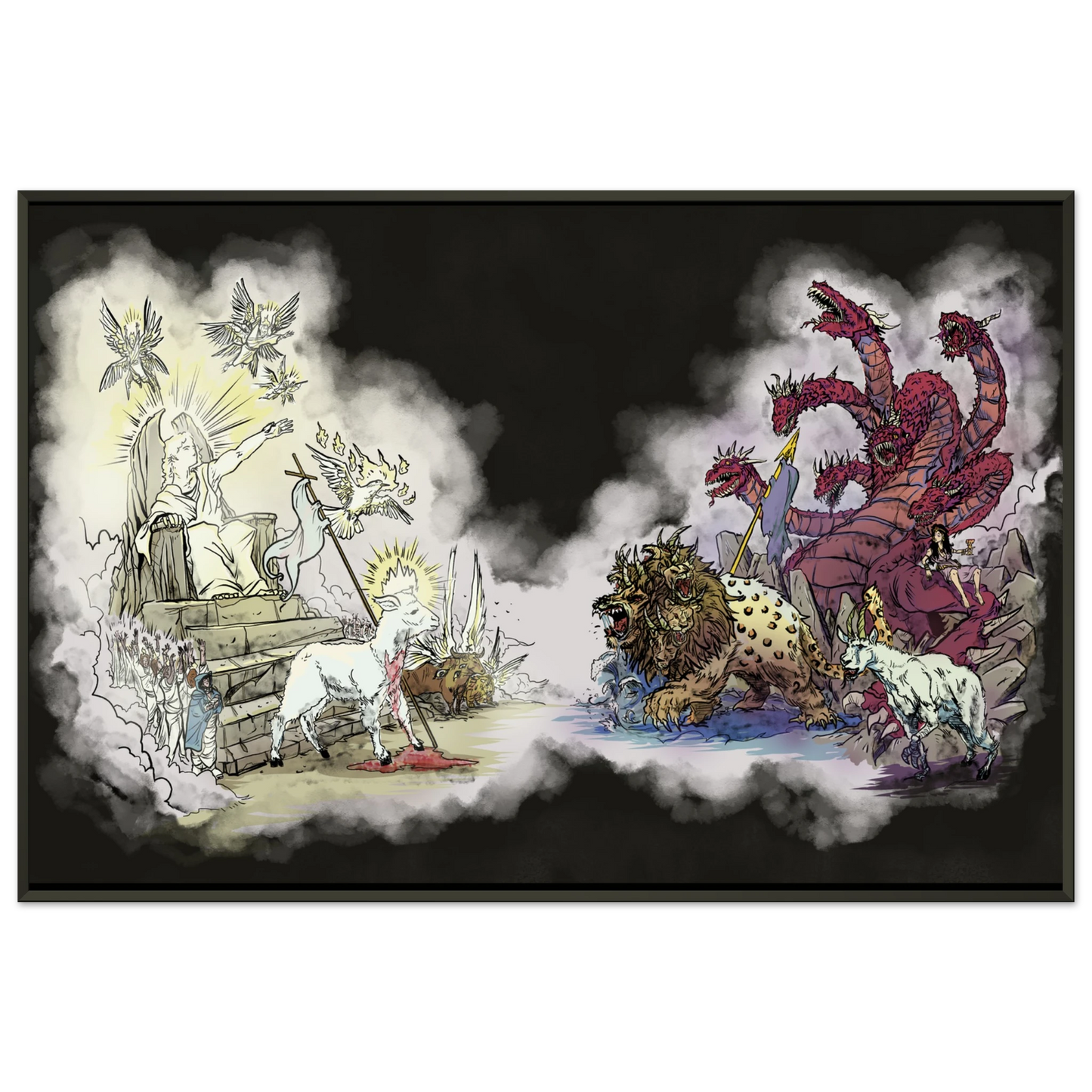 Inspiring modern Christian graphic art Team Lamb versus Team Dragon by Seth Haak, Revelation Series Semi-Glossy Paper in Metal Frame Print 24×36" (60×90 cm) Black Frame