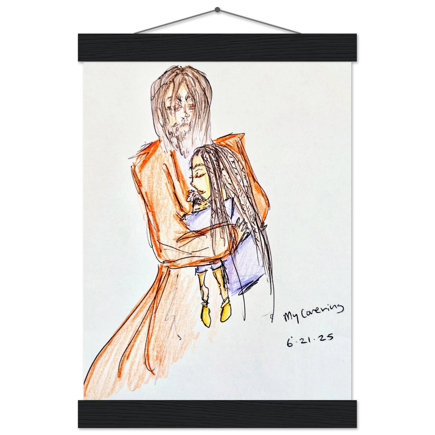 My Covering by Katie Jackson-Jesus Holding Child Drawing-Christian Comfort Art-Matte Paper with Wood Hanging Rail Print, 8×12" (21×30 cm), Black Rail