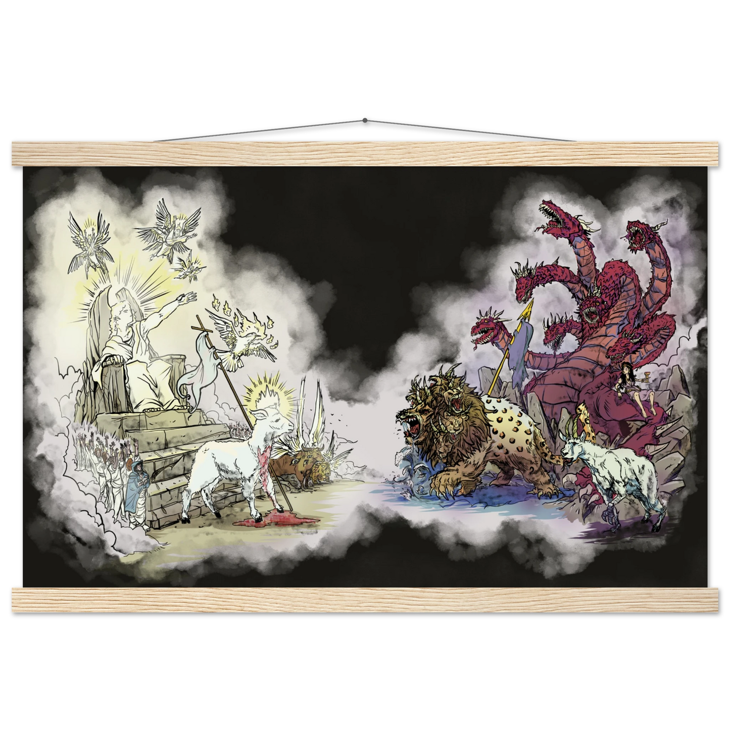 Inspiring modern Christian graphic art Team Lamb versus Team Dragon by Seth Haak, Revelation Series Matte Paper with Wood Hanging Rail Print 16×24" (40×60 cm) White Rail
