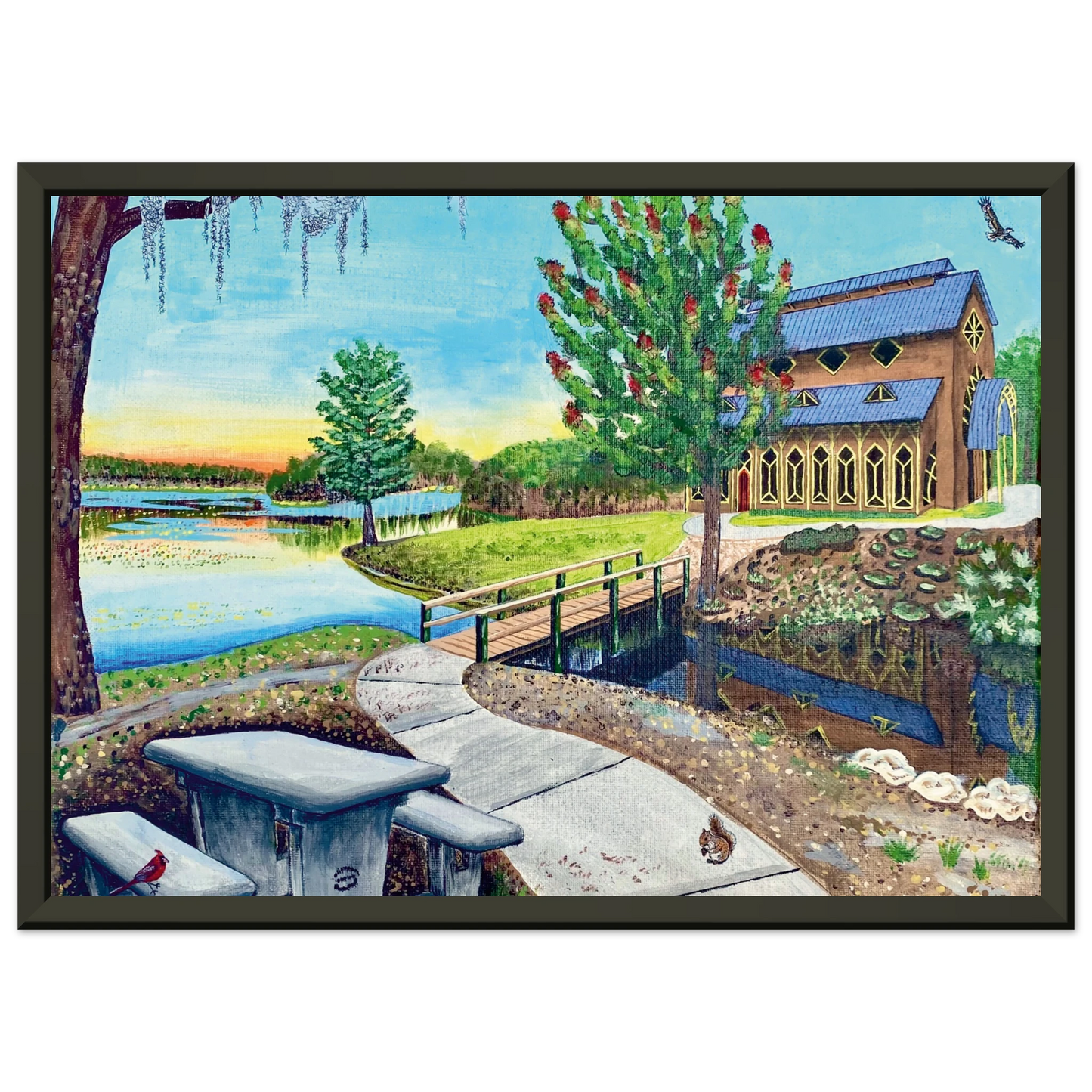 Inspiring Christian art acrylic on canvas painting Sanctuary at Lake Alice by Colette Raine Matte Paper in Metal Frame Print 8.3×11.7" (21×29.7 cm A4 size) Black Frame