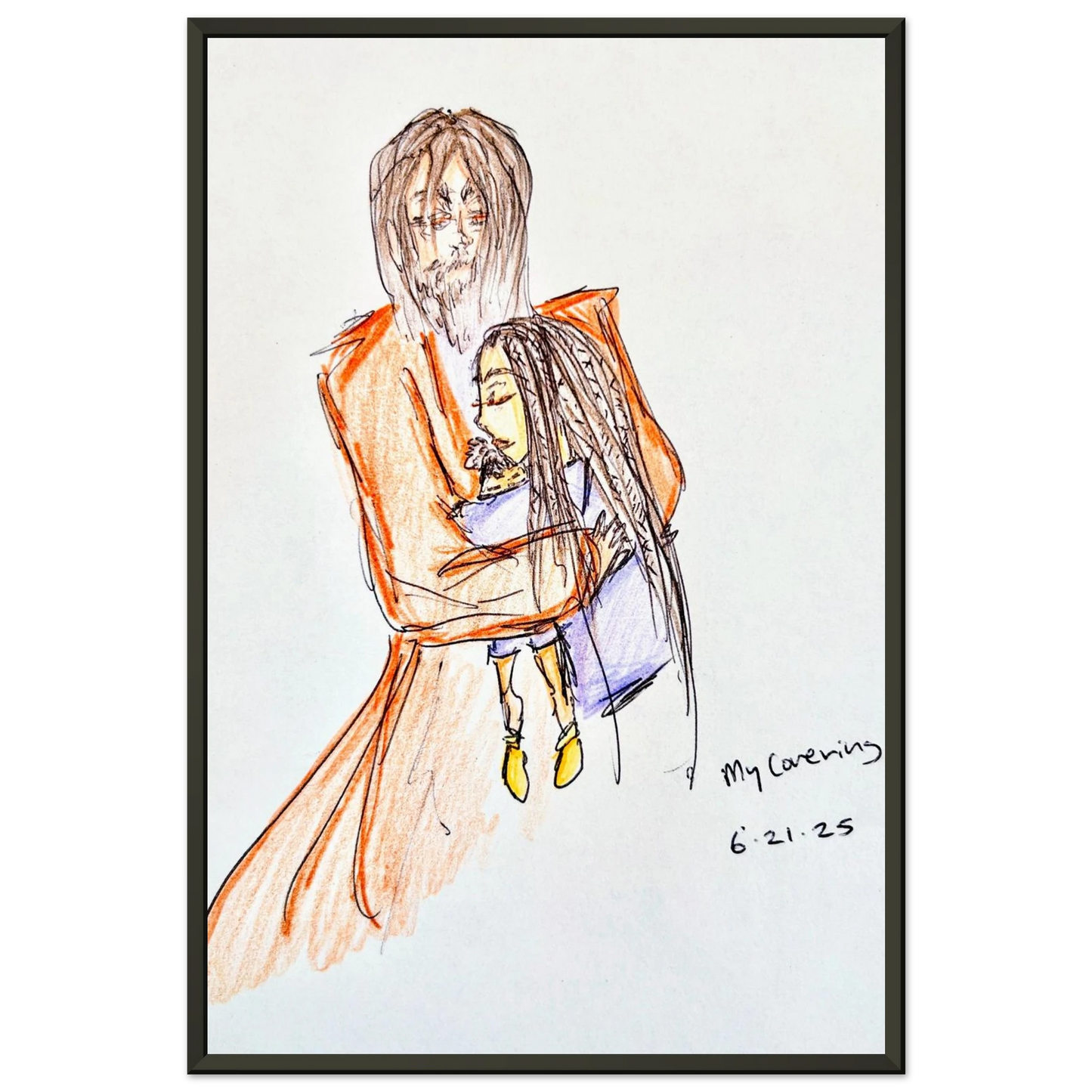 My Covering by Katie Jackson-Jesus Holding Child Drawing-Christian Comfort Art-Semi-Glossy Paper in Metal Frame Print, 16×24" (40×60 cm), Black Frame