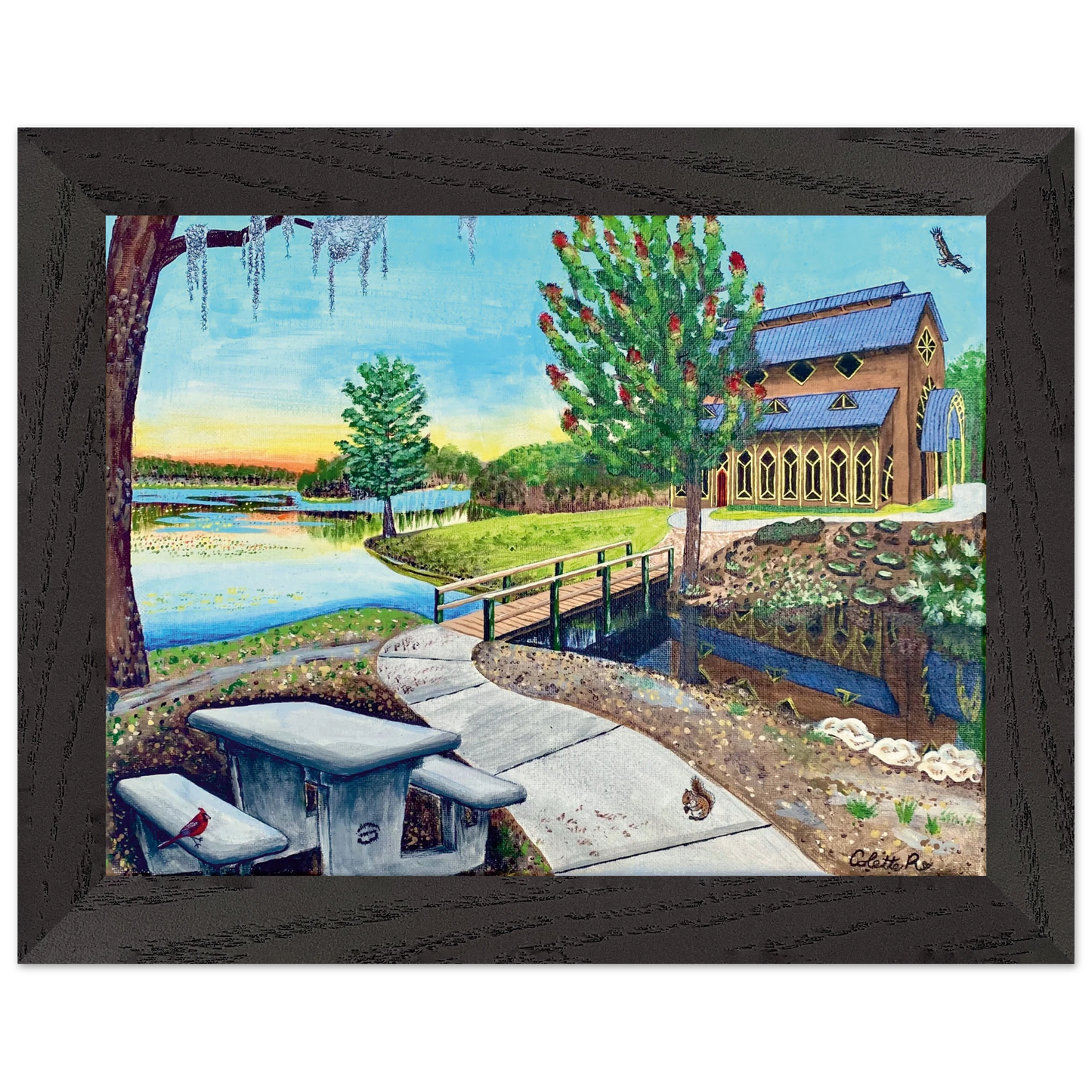 Inspiring Christian art acrylic on canvas painting Sanctuary at Lake Alice by Colette Raine Semi-Glossy Paper in Wood Frame Print 6×8" (15×20 cm) Black Frame