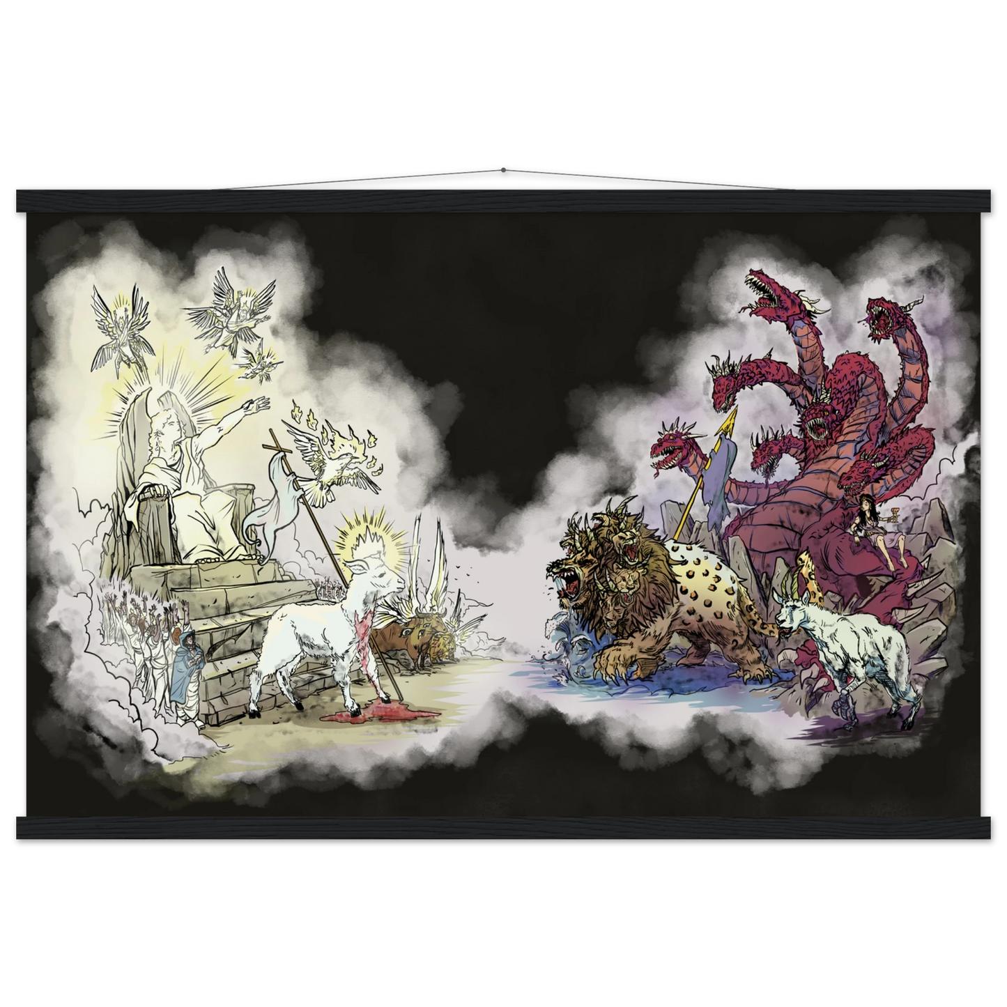 Inspiring modern Christian graphic art Team Lamb versus Team Dragon by Seth Haak, Revelation Series Semi-Glossy Paper with Wood Hanging Rail Print 24×36" (60×90 cm) Black Rail