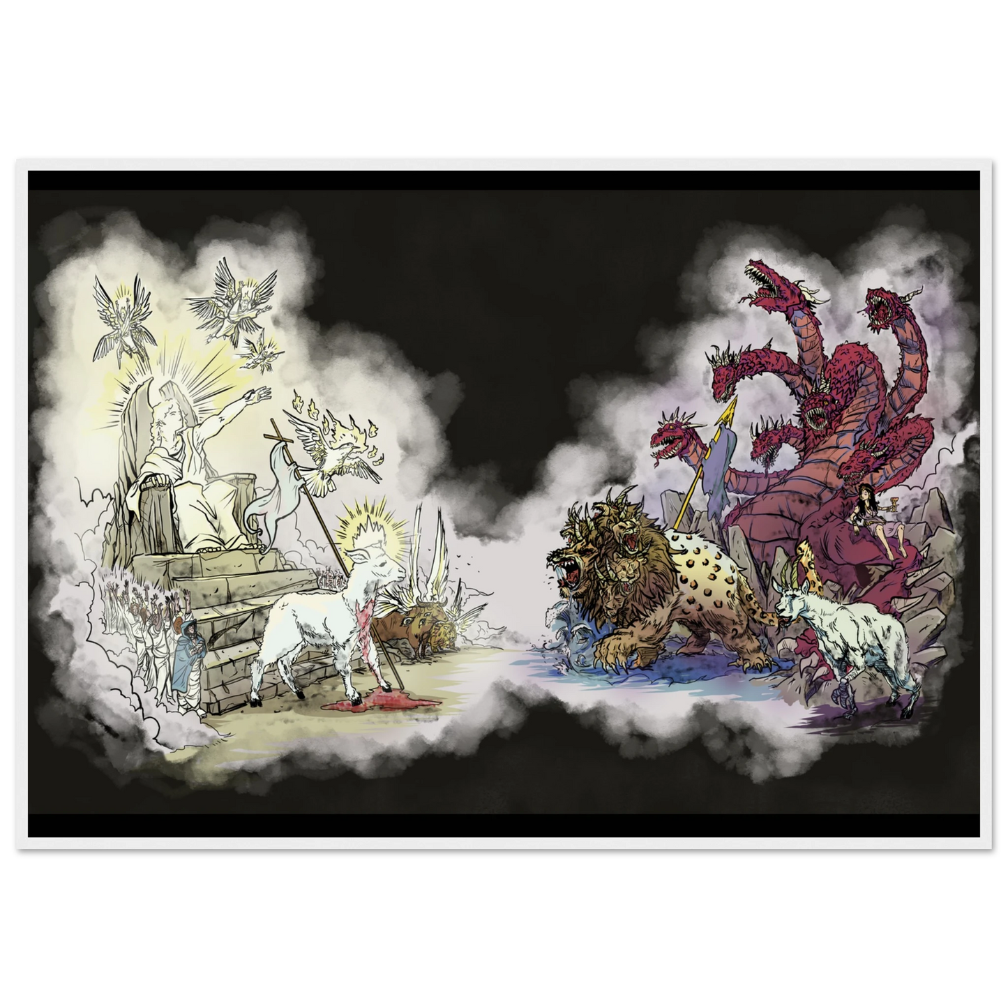 Inspiring modern Christian graphic art Team Lamb versus Team Dragon by Seth Haak, Revelation Series Semi-Glossy Paper in Wood Frame Print 28×40" (70×100 cm) White Frame