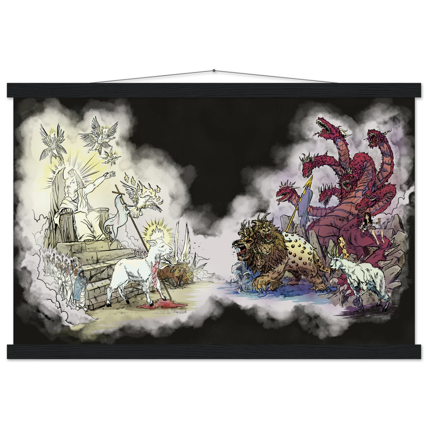 Inspiring modern Christian graphic art Team Lamb versus Team Dragon by Seth Haak, Revelation Series Matte Paper with Wood Hanging Rail Print 16×24" (40×60 cm) Black Rail