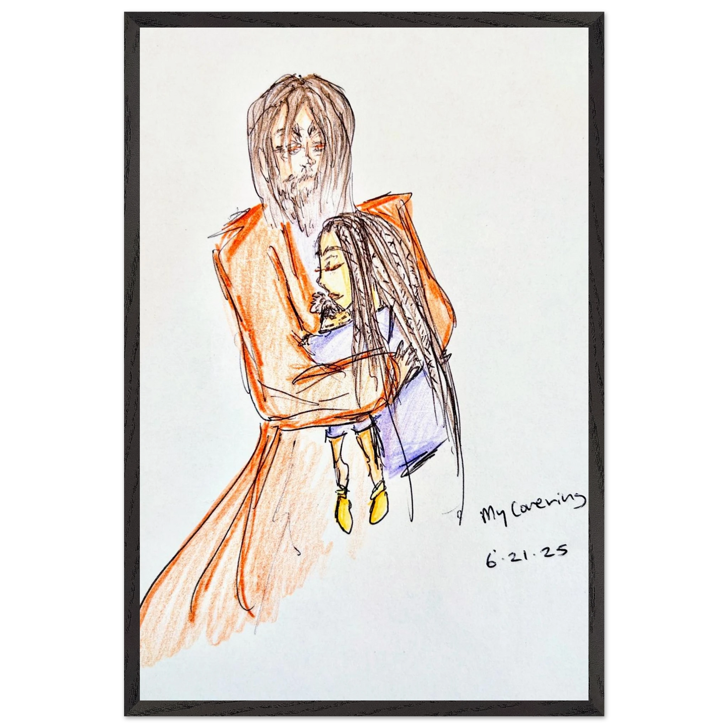 My Covering by Katie Jackson-Jesus Holding Child Drawing-Christian Comfort Art-Fine Art Paper in Wood Frame Print, 16×24" (40×60 cm), Black Frame