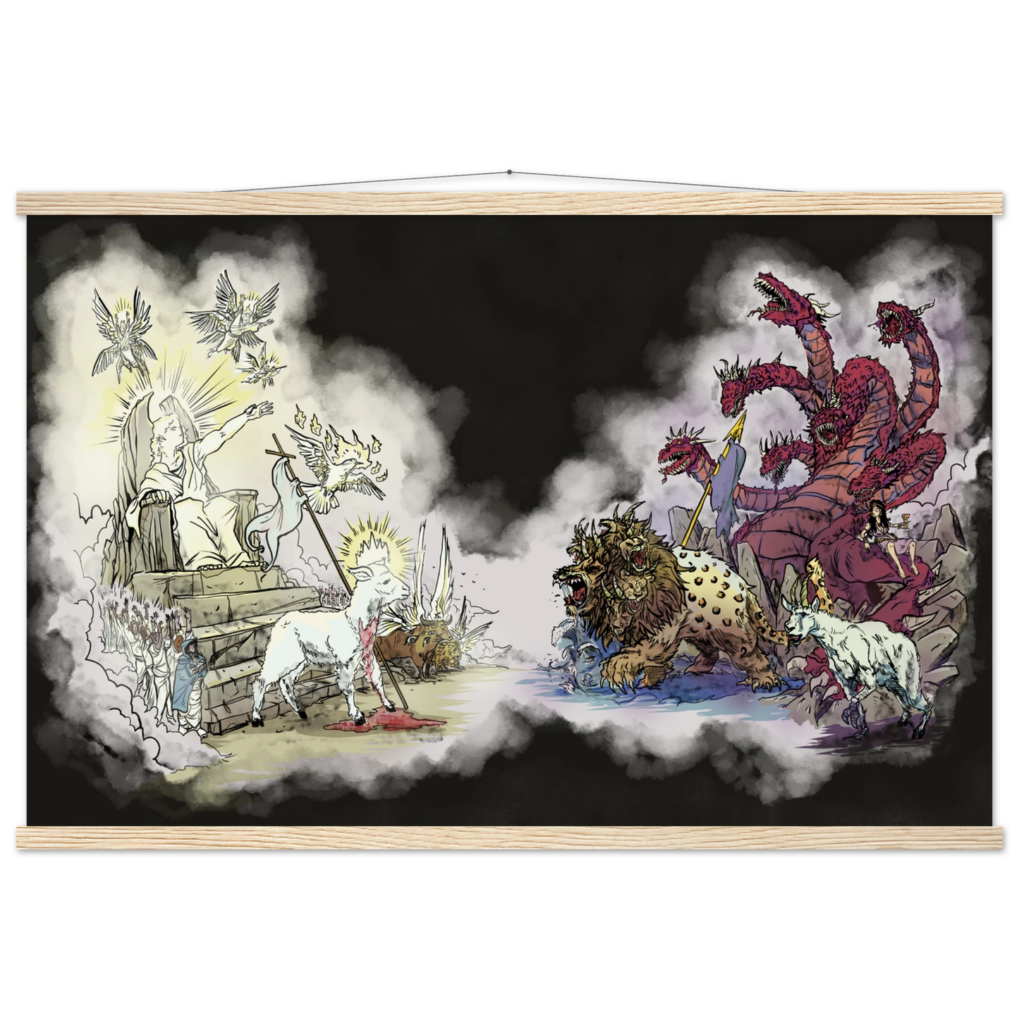 Inspiring modern Christian graphic art Team Lamb versus Team Dragon by Seth Haak, Revelation Series Matte Paper with Wood Hanging Rail Print 24×36" (60×90 cm) White Rail