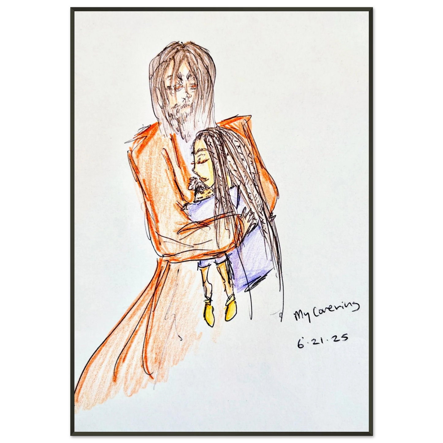 My Covering by Katie Jackson-Jesus Holding Child Drawing-Christian Comfort Art-Semi-Glossy Paper in Metal Frame Print, 28×40" (70×100 cm), Black Frame