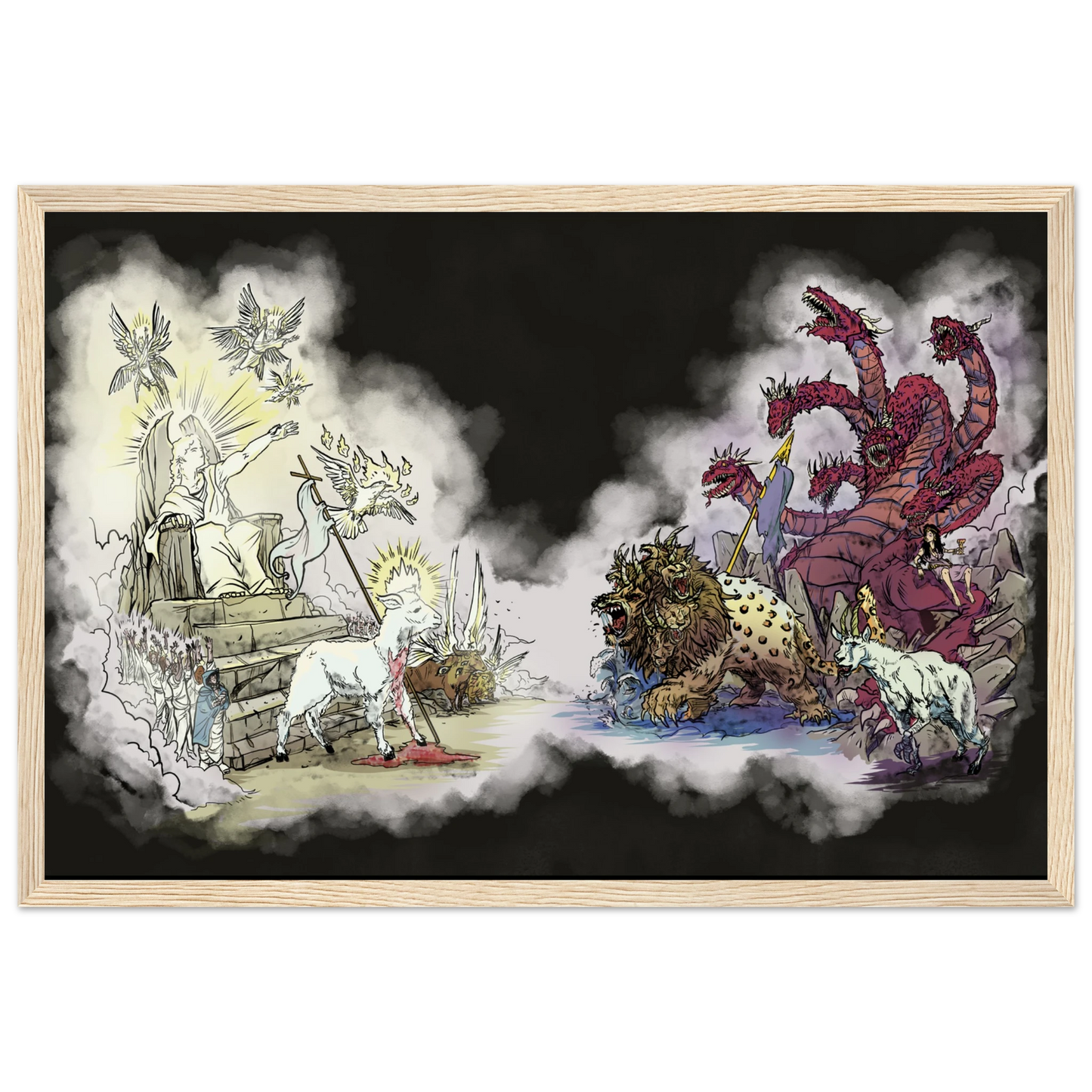 Inspiring modern Christian graphic art Team Lamb versus Team Dragon by Seth Haak, Revelation Series Semi-Glossy Paper in Wood Frame Print 12×18" (30×45 cm) Natural Wood Frame