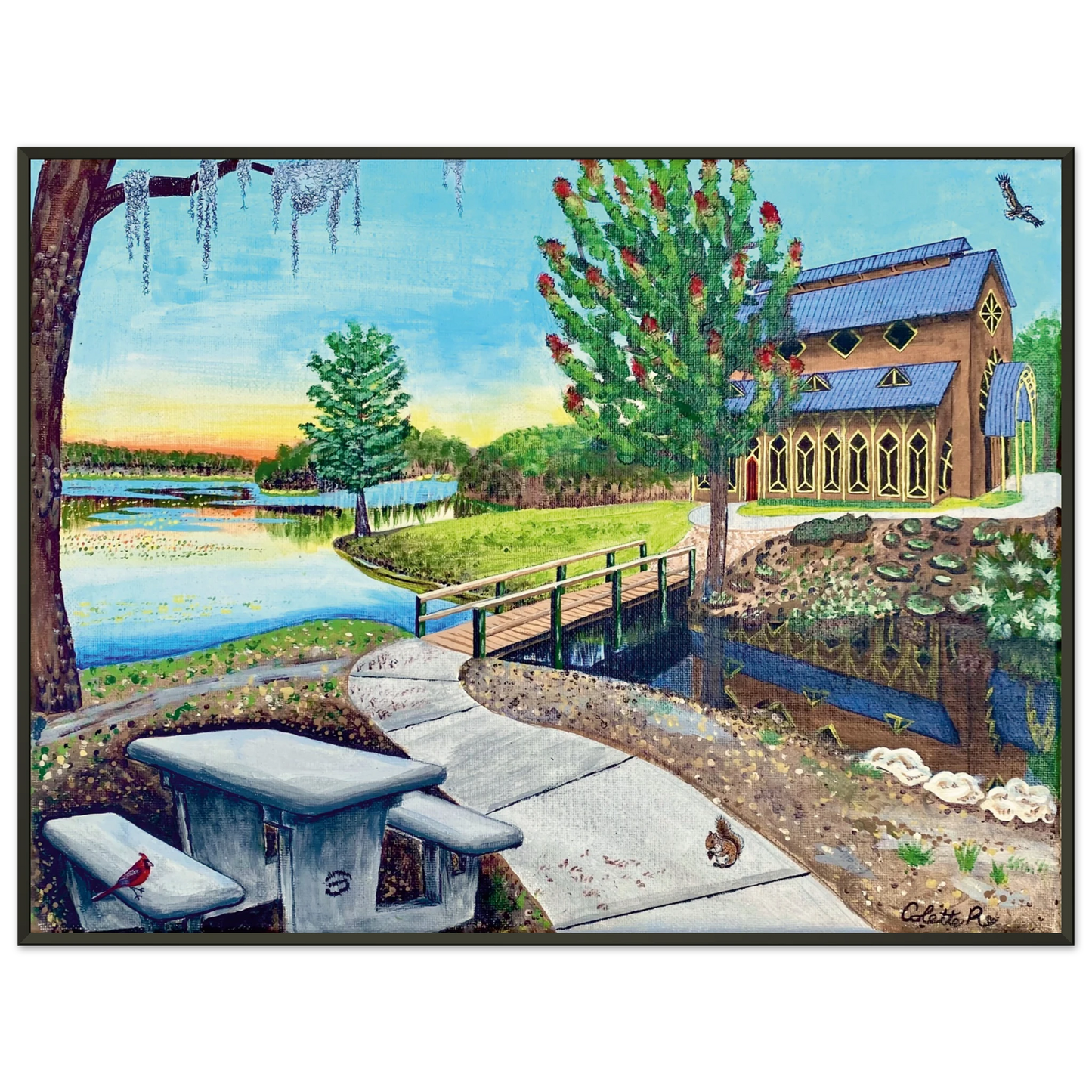 Inspiring Christian art acrylic on canvas painting Sanctuary at Lake Alice by Colette Raine Matte Paper in Metal Frame Print 24×32" (60×80 cm) Black Frame