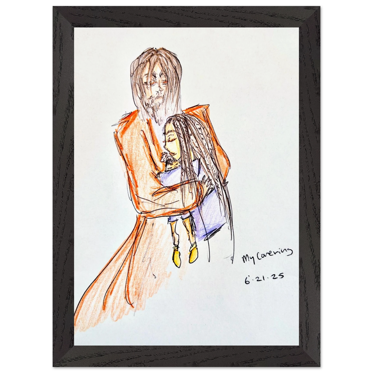 My Covering by Katie Jackson-Jesus Holding Child Drawing-Christian Comfort Art-Semi-Glossy Paper in Wood Frame Print, 8×12" (21×30 cm), Black Frame