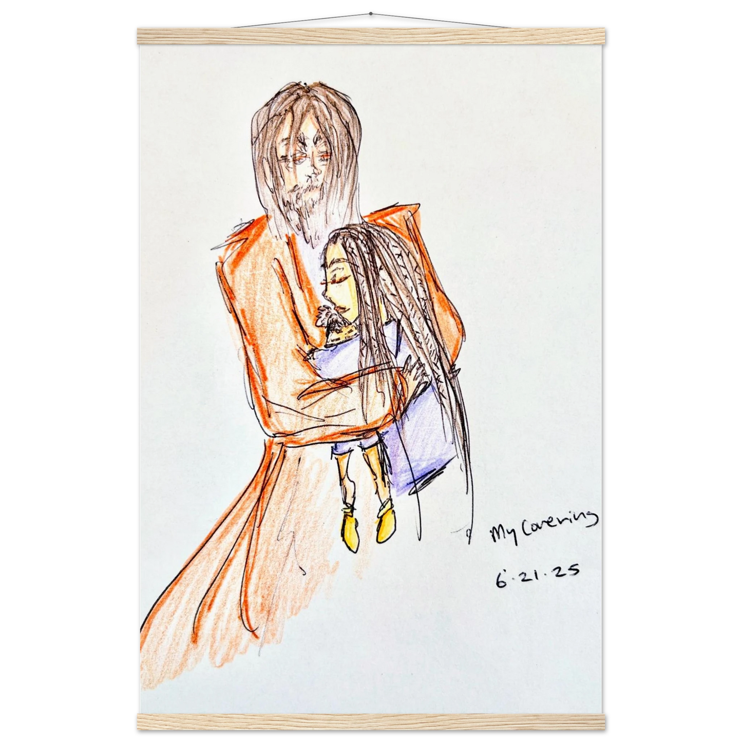 My Covering by Katie Jackson-Jesus Holding Child Drawing-Christian Comfort Art-Matte Paper with Wood Hanging Rail Print, 24×36" (60×90 cm), Natural Wood Rail