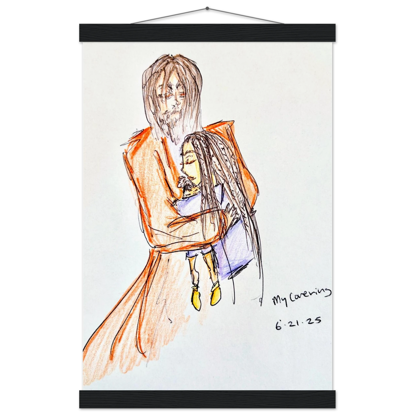 My Covering by Katie Jackson-Jesus Holding Child Drawing-Christian Comfort Art-Matte Paper with Wood Hanging Rail Print, 12×18" (30×45 cm), Black Rail
