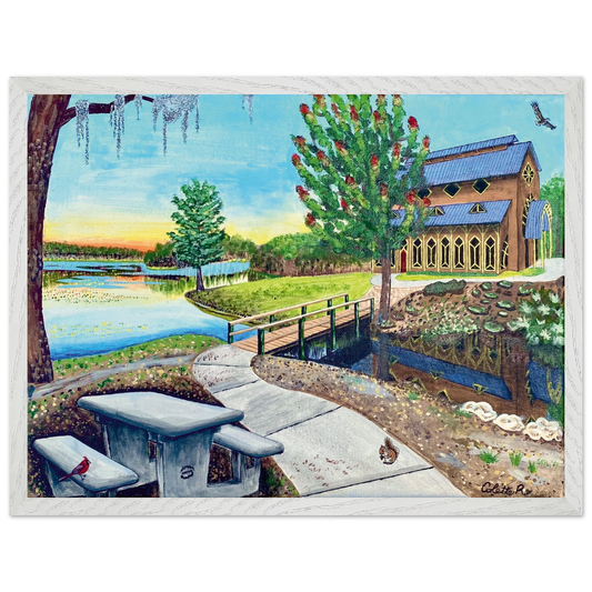 Inspiring Christian art acrylic on canvas painting Sanctuary at Lake Alice by Colette Raine Semi-Glossy Paper in Wood Frame Print 18×24" (45×60 cm) White Frame