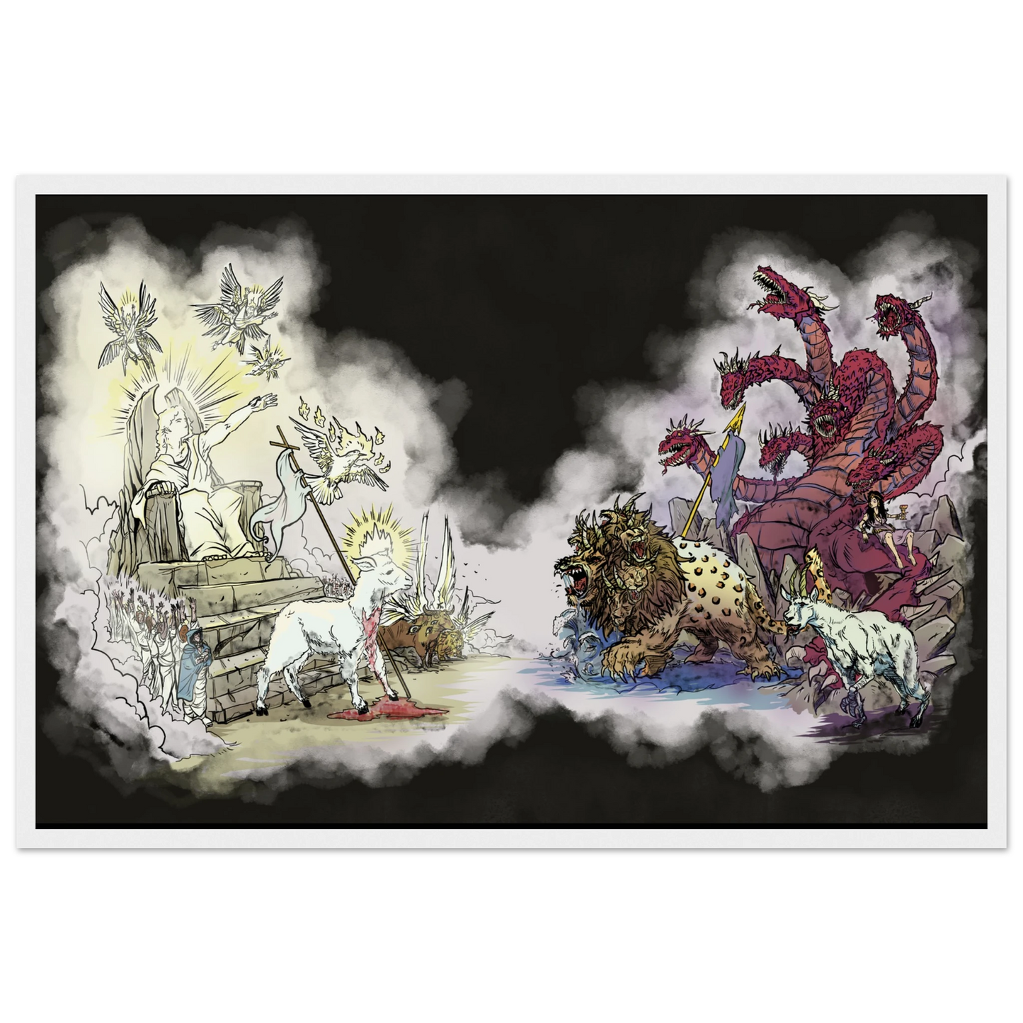 Inspiring modern Christian graphic art Team Lamb versus Team Dragon by Seth Haak, Revelation Series Semi-Glossy Paper in Wood Frame Print 16×24" (40×60 cm) White Frame