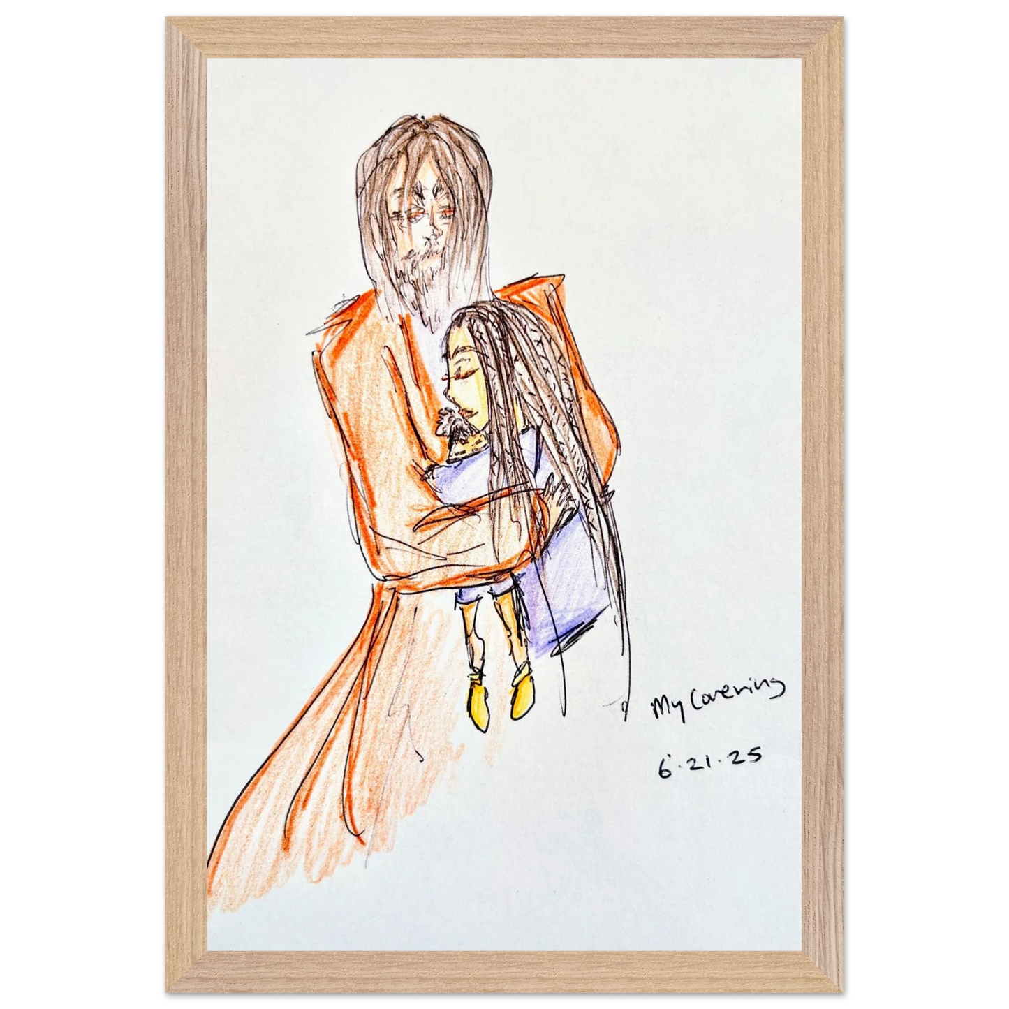 My Covering by Katie Jackson-Jesus Holding Child Drawing-Christian Comfort Art-Fine Art Paper in Wood Frame Print, 8×12" (21×30 cm), Natural Wood Frame