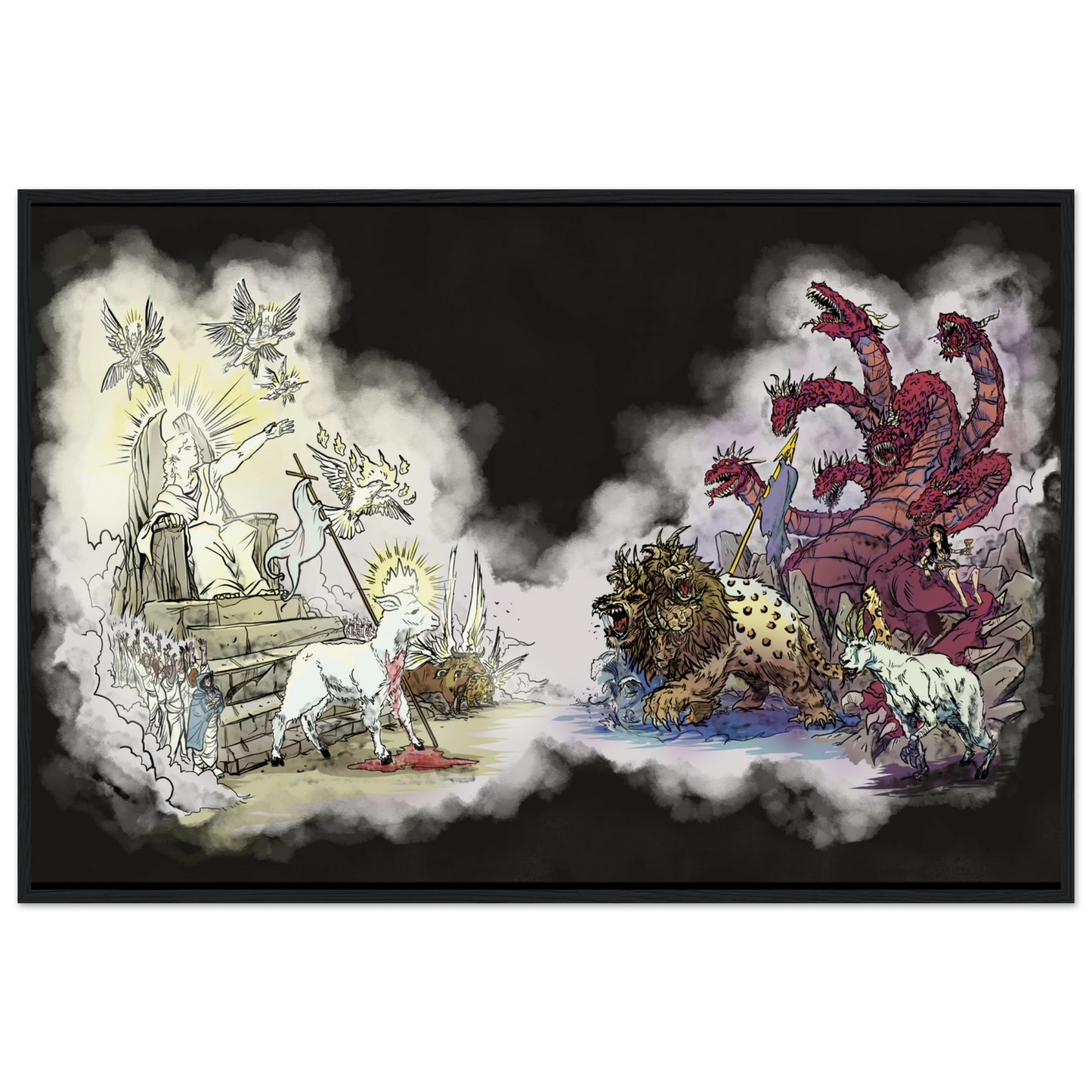 Inspiring modern Christian graphic art Team Lamb versus Team Dragon by Seth Haak, Revelation Series Semi-Glossy Paper in Wood Frame Print 24×36" (60×90 cm) Black Frame