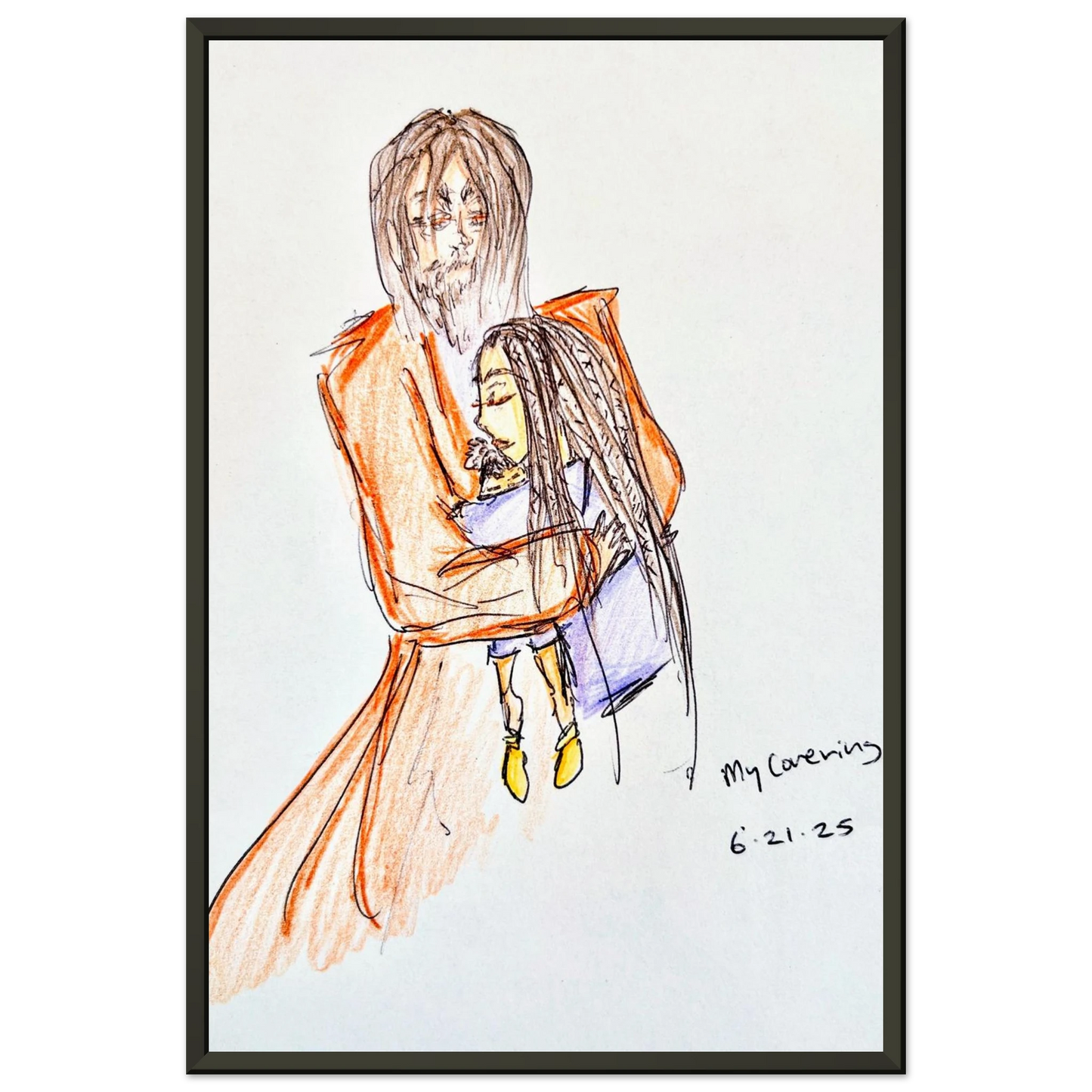 My Covering by Katie Jackson-Jesus Holding Child Drawing-Christian Comfort Art-Semi-Glossy Paper in Metal Frame Print, 12×18" (30×45 cm), Black Frame