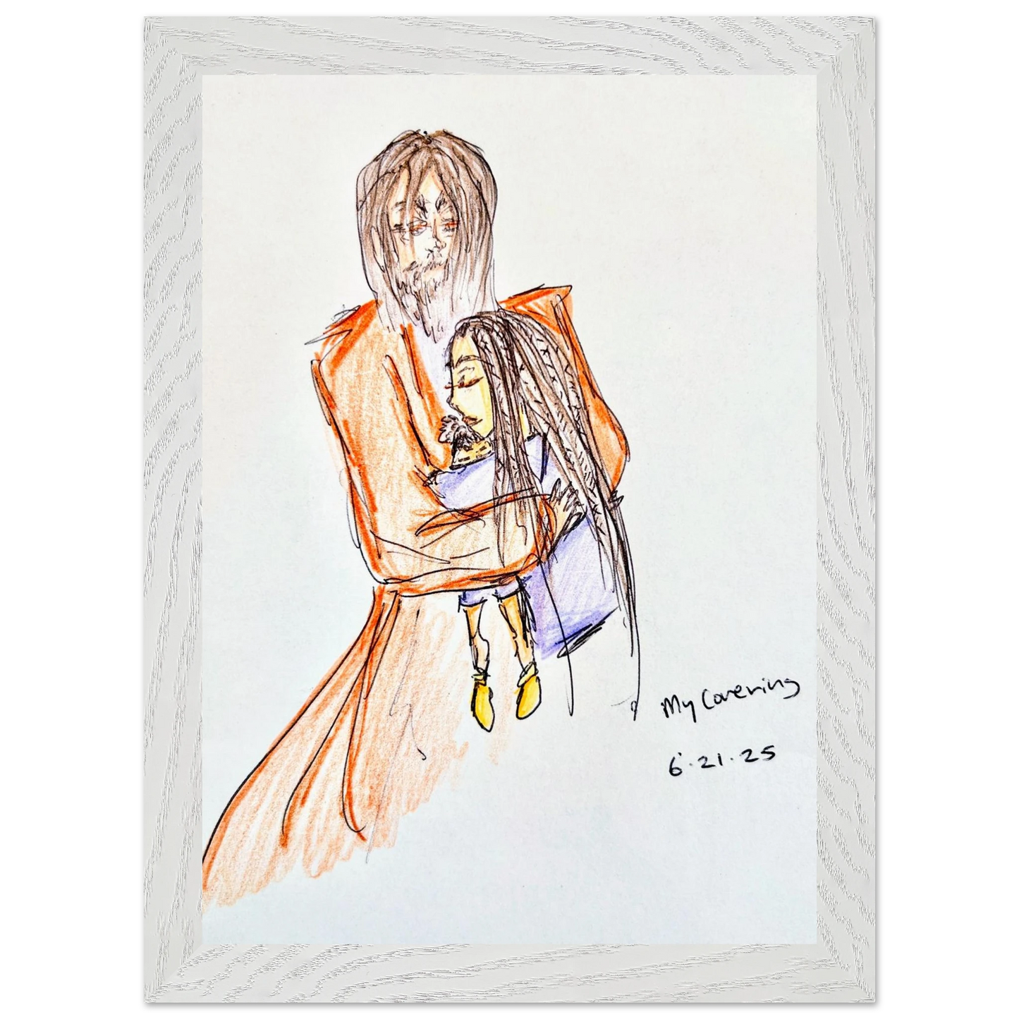My Covering by Katie Jackson-Jesus Holding Child Drawing-Christian Comfort Art-Semi-Glossy Paper in Wood Frame Print, 8×12" (21×30 cm), White Frame