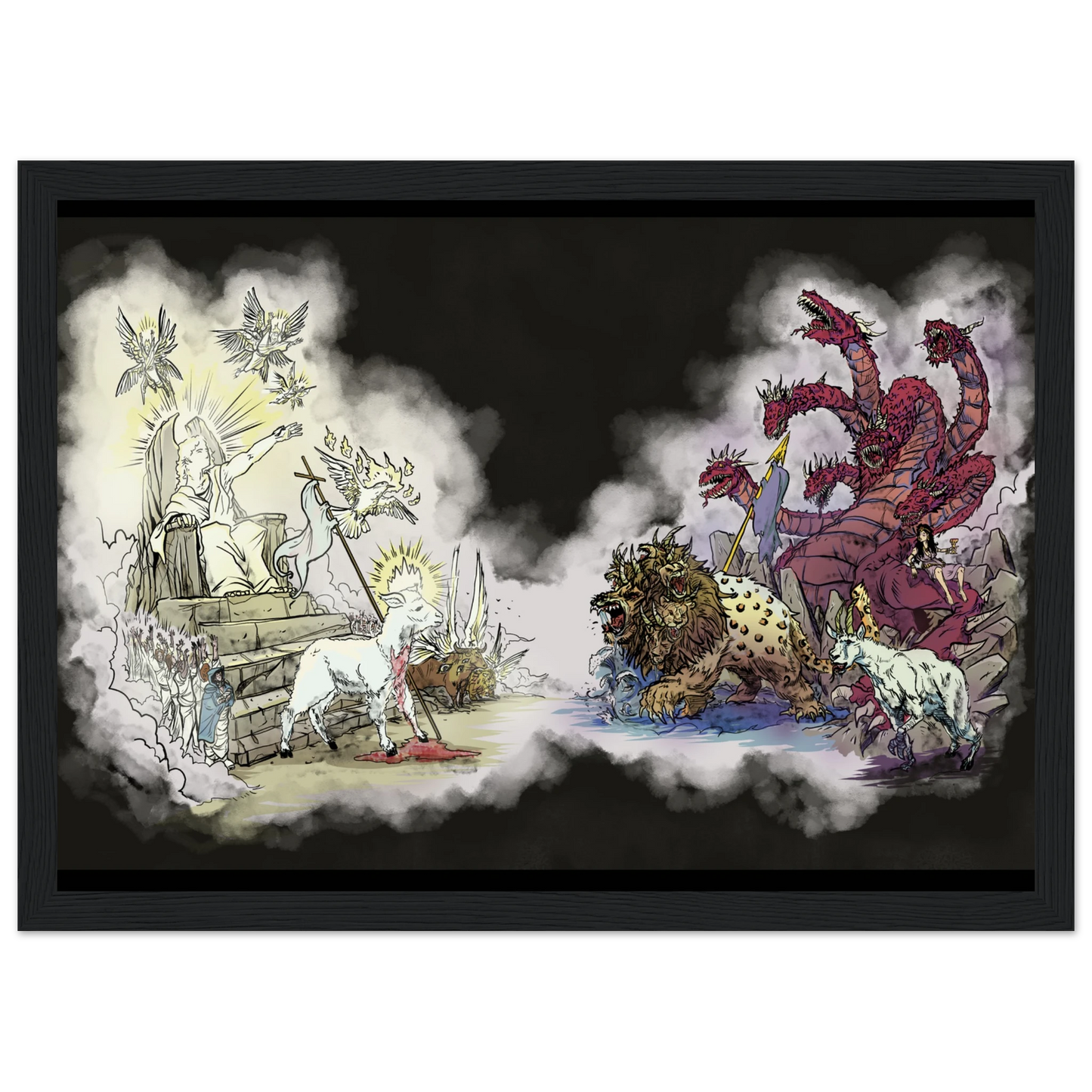 Inspiring modern Christian graphic art Team Lamb versus Team Dragon by Seth Haak, Revelation Series Semi-Glossy Paper in Wood Frame Print 8.3×11.7" (21×29.7 cm A4) Black Frame