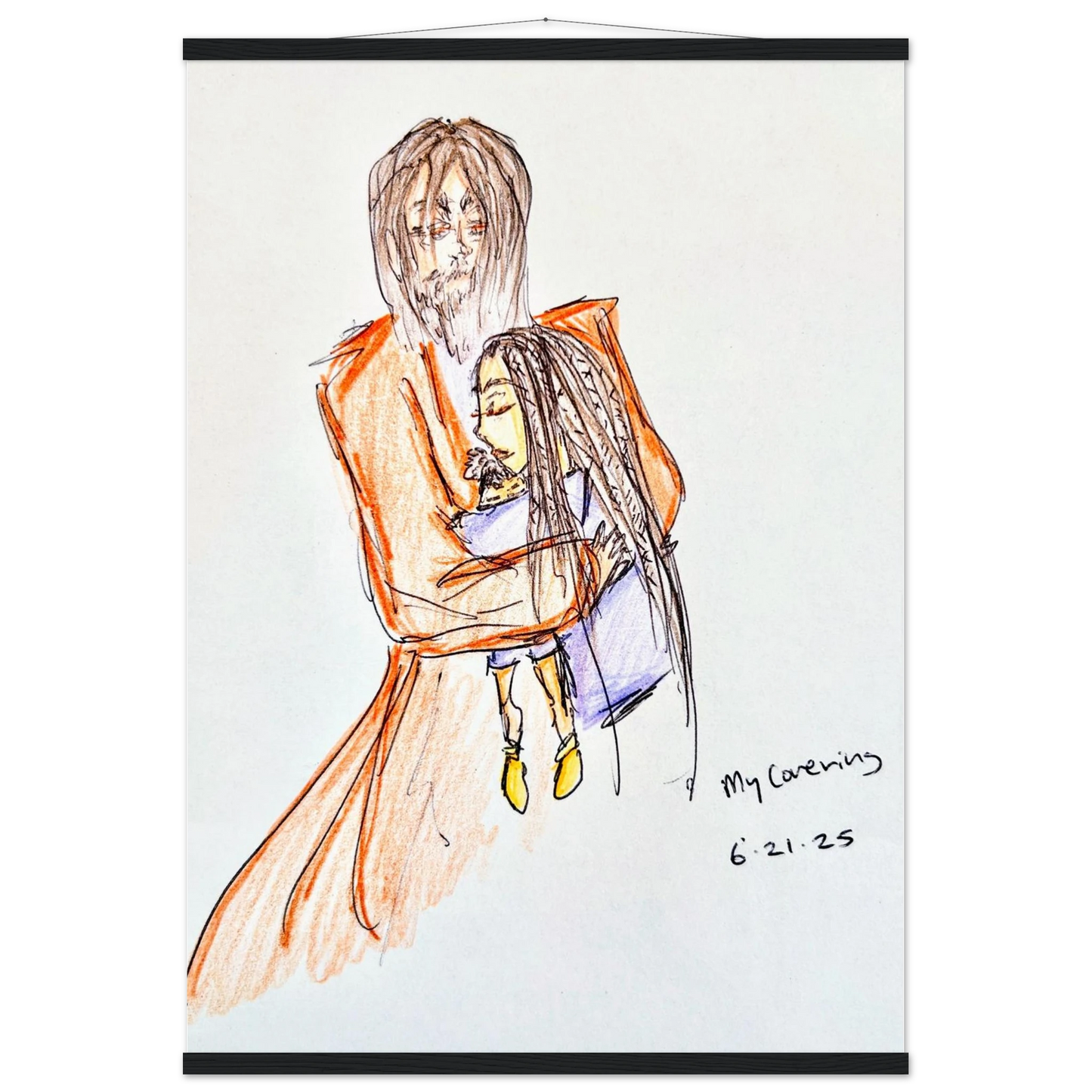 My Covering by Katie Jackson-Jesus Holding Child Drawing-Christian Comfort Art-Matte Paper with Wood Hanging Rail Print, 28×40" (70×100 cm), Black Rail