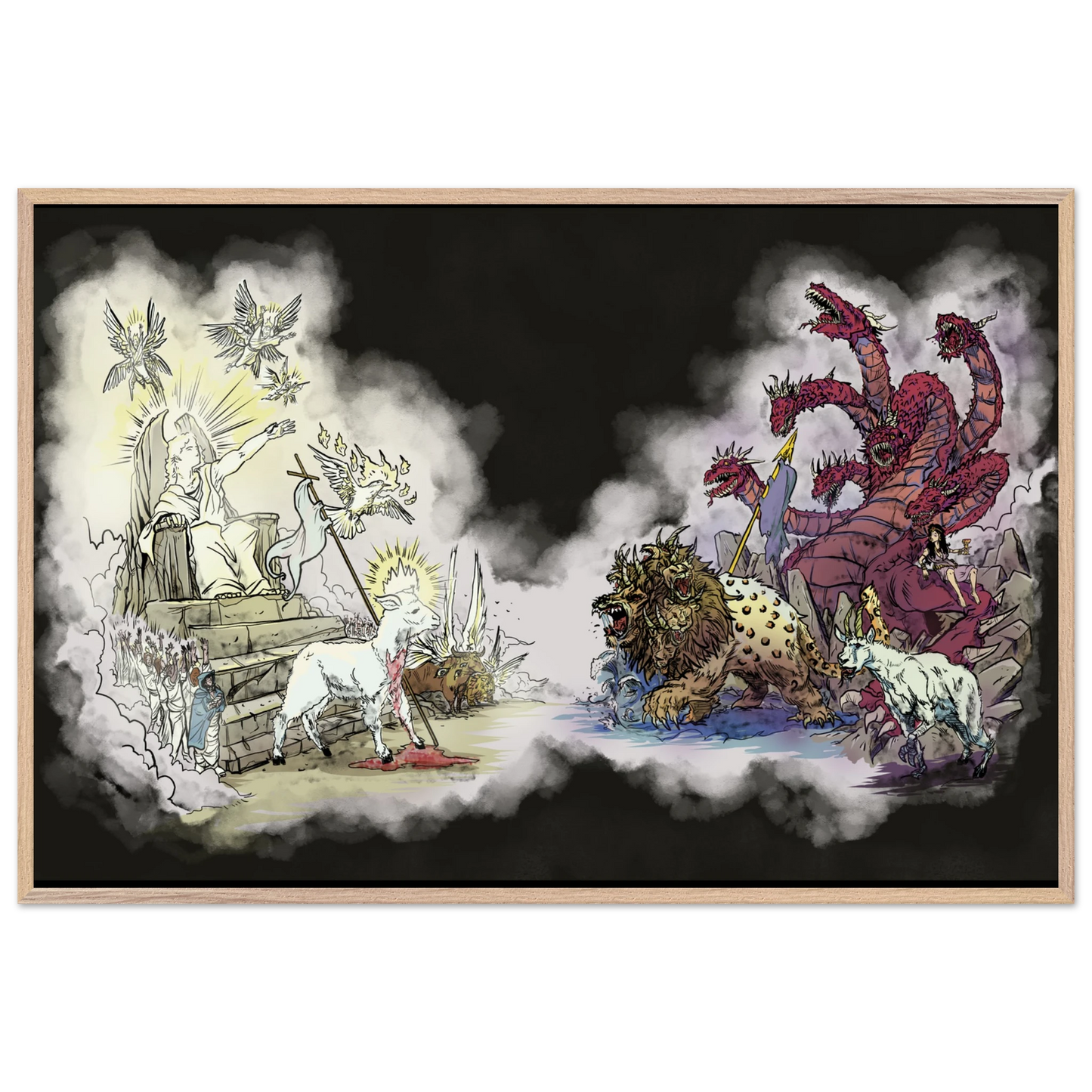 Inspiring modern Christian graphic art Team Lamb versus Team Dragon by Seth Haak, Revelation Series Fine Art Paper in Wood Frame Print 24×36" (60×90 cm) Natural Wood Frame