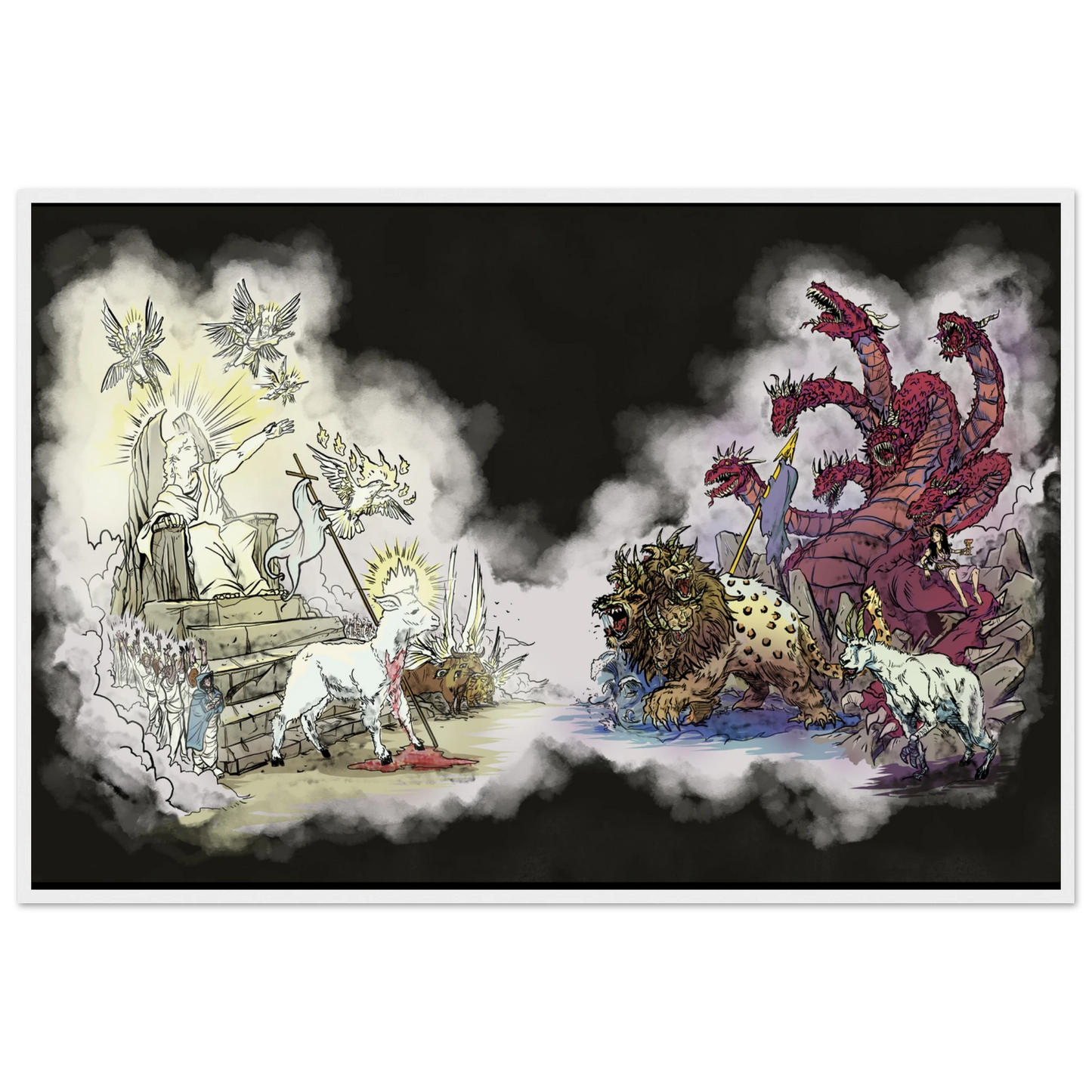 Inspiring modern Christian graphic art Team Lamb versus Team Dragon by Seth Haak, Revelation Series Semi-Glossy Paper in Wood Frame Print 24×36" (60×90 cm) White Frame
