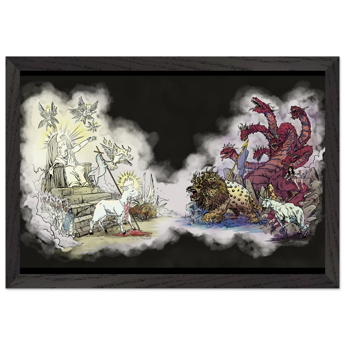 Inspiring modern Christian graphic art Team Lamb versus Team Dragon by Seth Haak, Revelation Series Fine Art Paper in Wood Frame Print 8.3×11.7" (21×29.7 cm A4) Black Frame