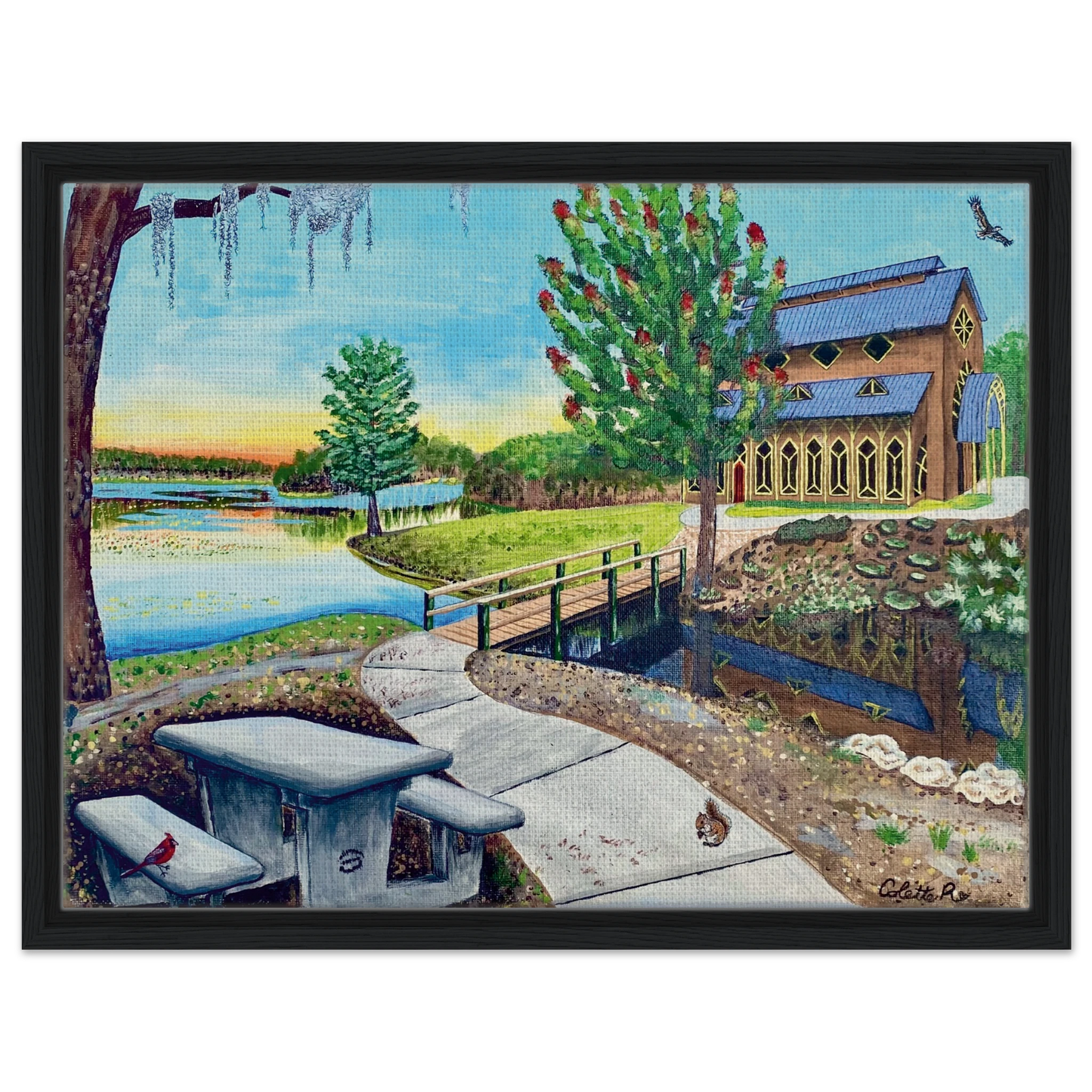 Inspiring Christian art acrylic on canvas painting Sanctuary at Lake Alice by Colette Raine Canvas in Wood Frame Print 18×24" (45×60 cm) Black Frame