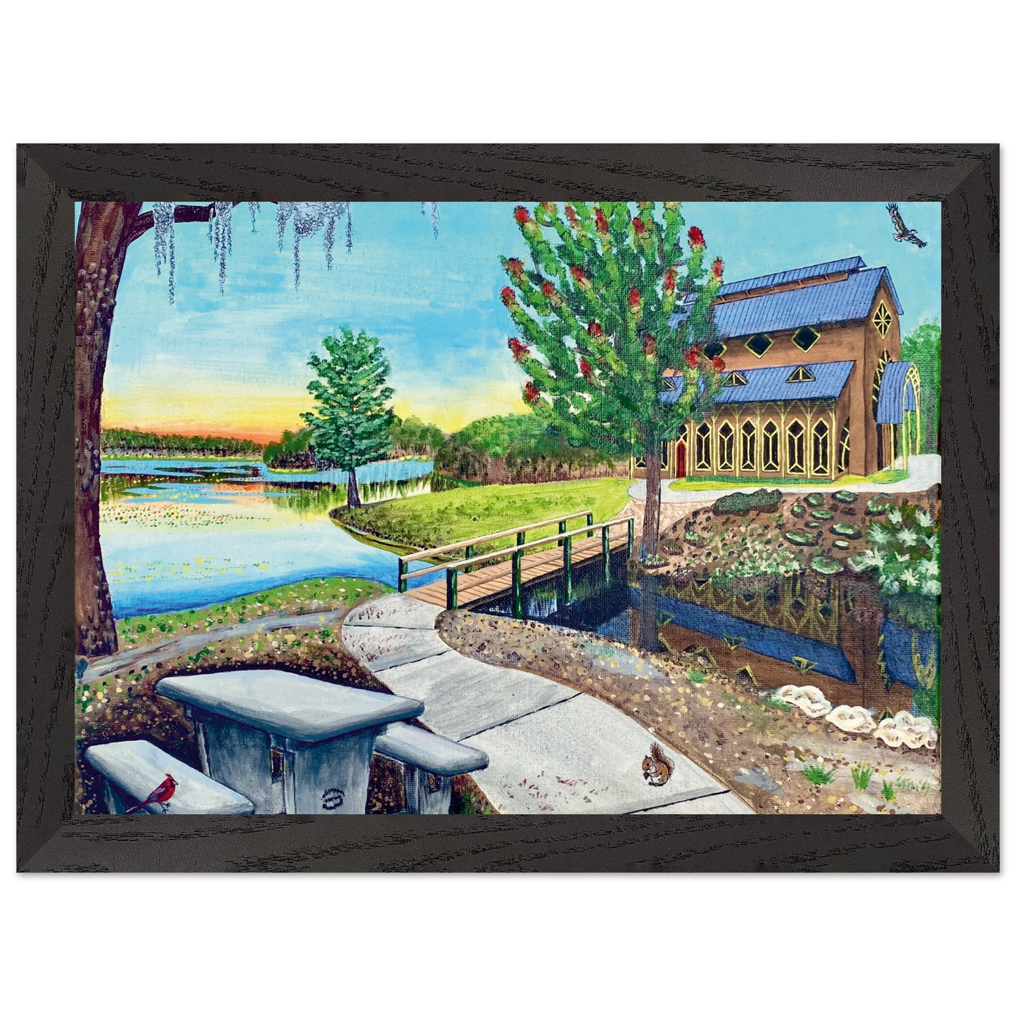 Inspiring Christian art acrylic on canvas painting Sanctuary at Lake Alice by Colette Raine Semi-Glossy Paper in Wood Frame Print 8.3×11.7" (21×29.7 cm A4 size) Black Frame