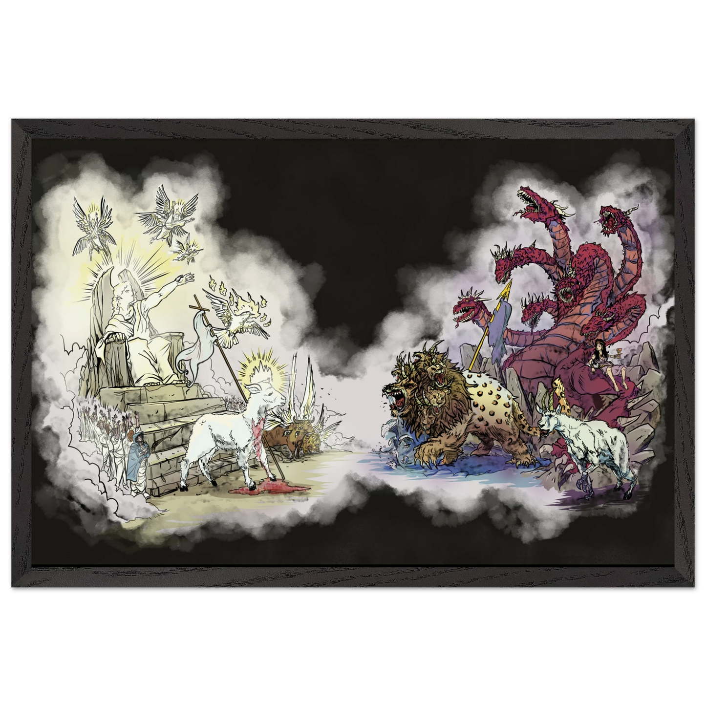 Inspiring modern Christian graphic art Team Lamb versus Team Dragon by Seth Haak, Revelation Series Fine Art Paper in Wood Frame Print 12×18" (30×45 cm) Black Frame