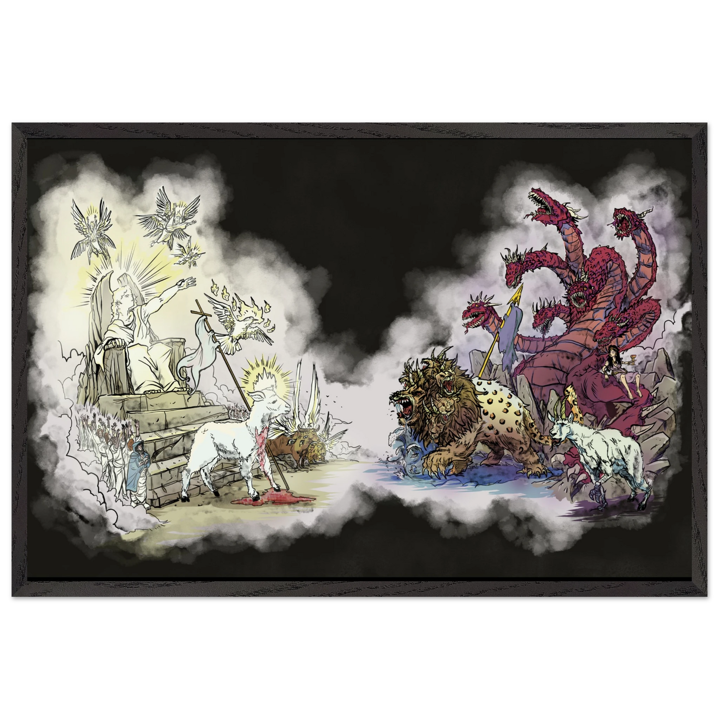 Inspiring modern Christian graphic art Team Lamb versus Team Dragon by Seth Haak, Revelation Series Fine Art Paper in Wood Frame Print 16×24" (40×60 cm) Black Frame