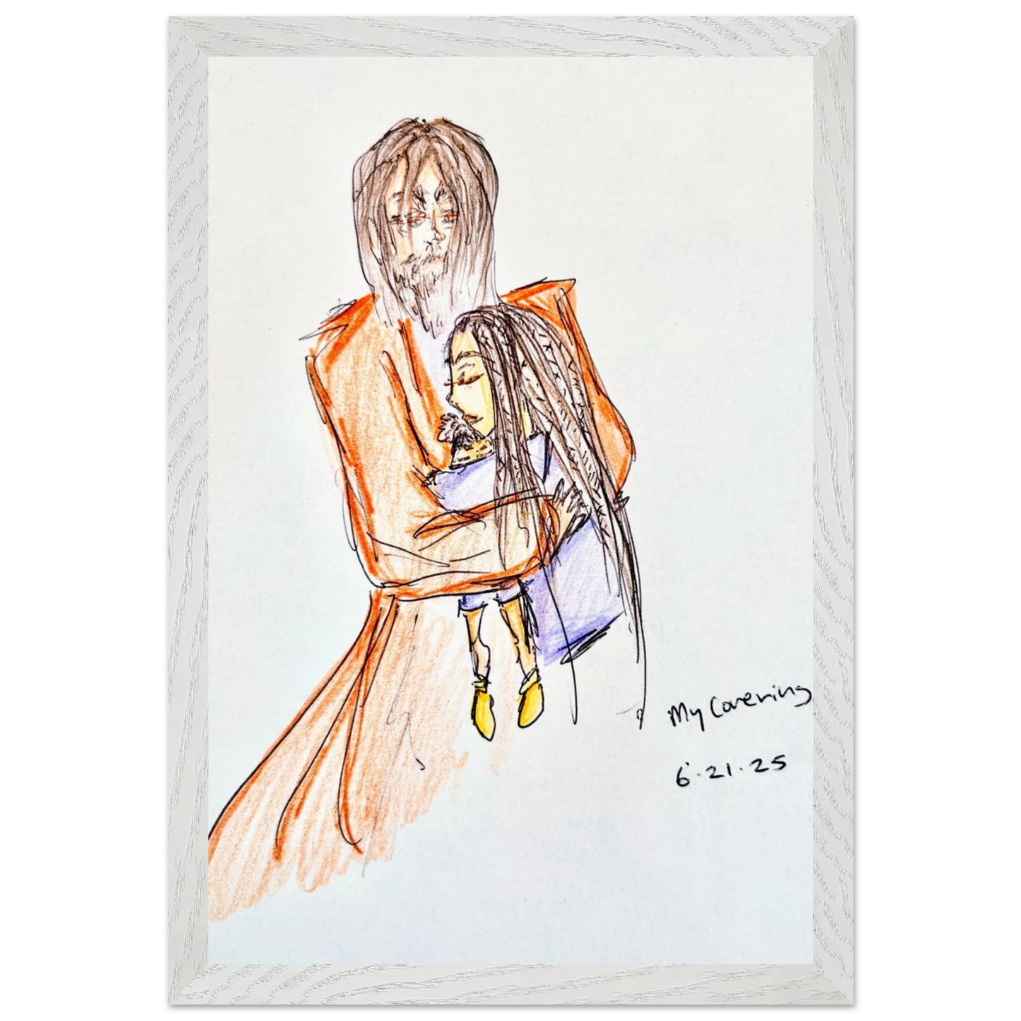 My Covering by Katie Jackson-Jesus Holding Child Drawing-Christian Comfort Art-Semi-Glossy Paper in Wood Frame Print, 12×18" (30×45 cm), White Frame