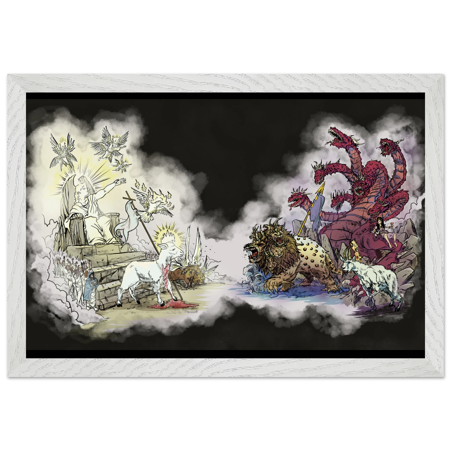 Inspiring modern Christian graphic art Team Lamb versus Team Dragon by Seth Haak, Revelation Series Fine Art Paper in Wood Frame Print 8.3×11.7" (21×29.7 cm A4) White Frame