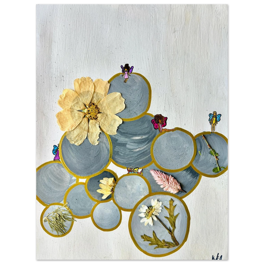 The New Garden by Katie Jackson-Fairy Garden Collage with Pressed Flowers-Fine Art Paper Poster Print, 24×32" (60×80 cm), (no frame or style)