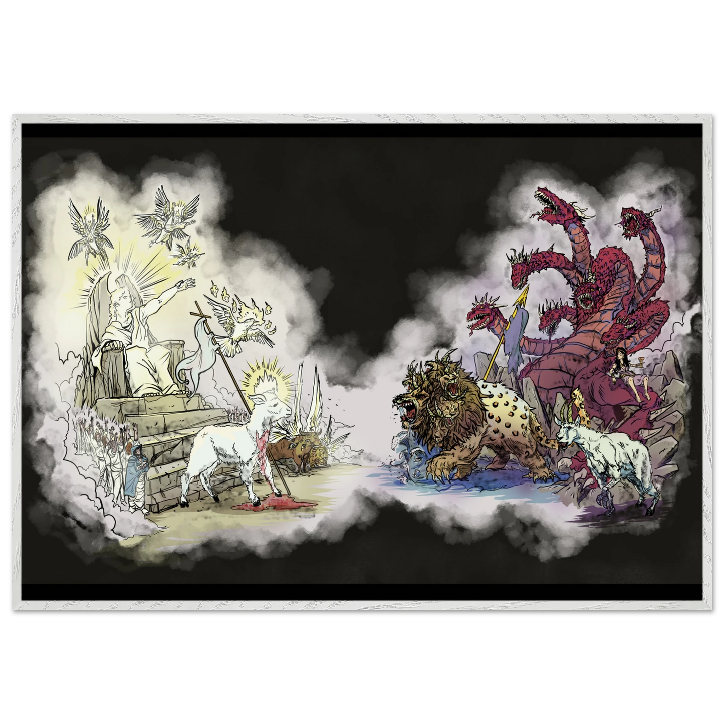 Inspiring modern Christian graphic art Team Lamb versus Team Dragon by Seth Haak, Revelation Series Fine Art Paper in Wood Frame Print 28×40" (70×100 cm) White Frame