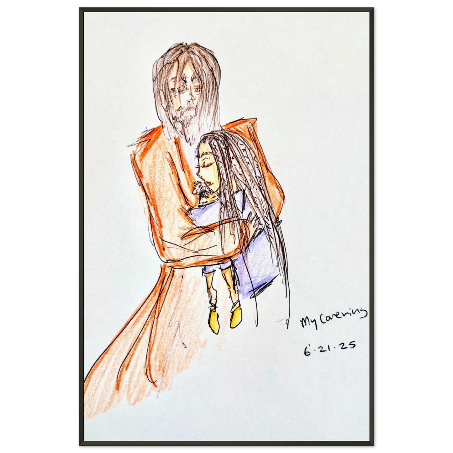 My Covering by Katie Jackson-Jesus Holding Child Drawing-Christian Comfort Art-Semi-Glossy Paper in Metal Frame Print, 24×36" (60×90 cm), Black Frame