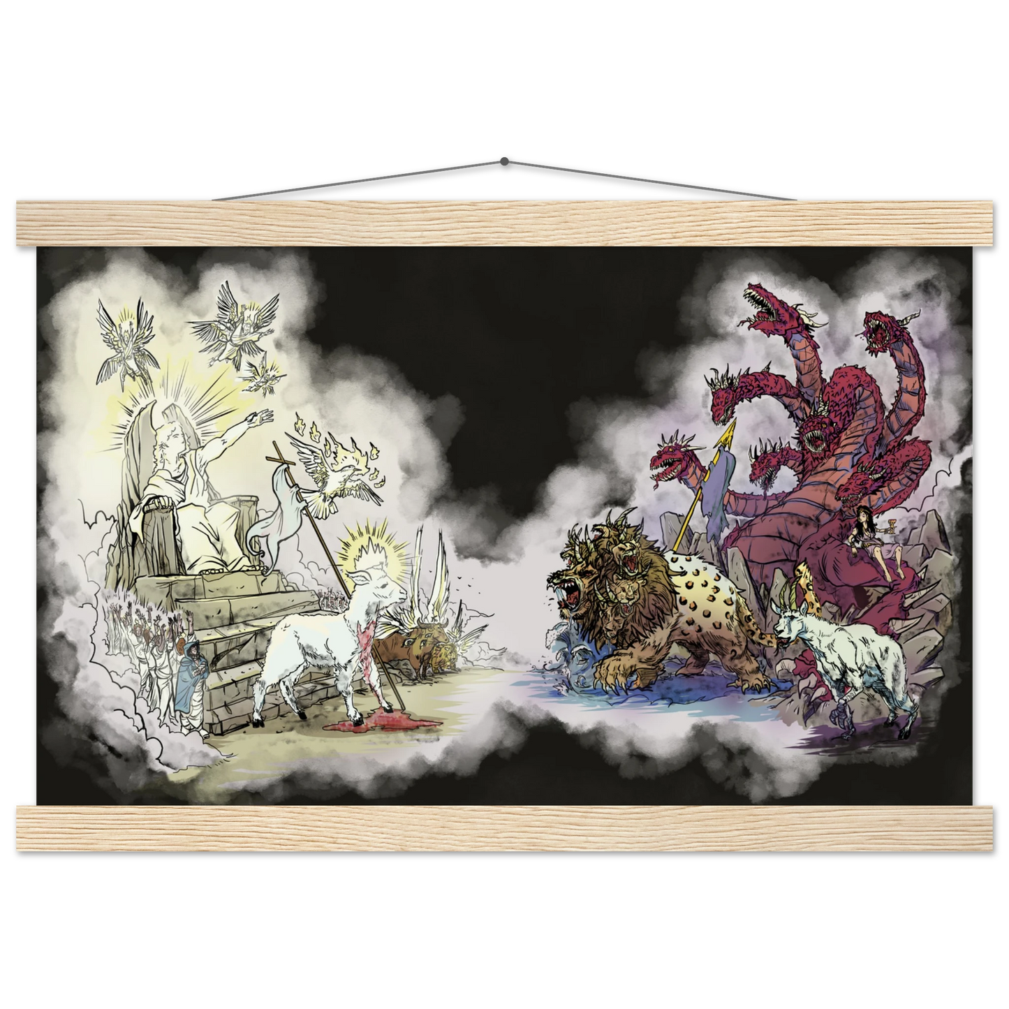 Inspiring modern Christian graphic art Team Lamb versus Team Dragon by Seth Haak, Revelation Series Semi-Glossy Paper with Wood Hanging Rail Print 12×18" (30×45 cm) White Rail